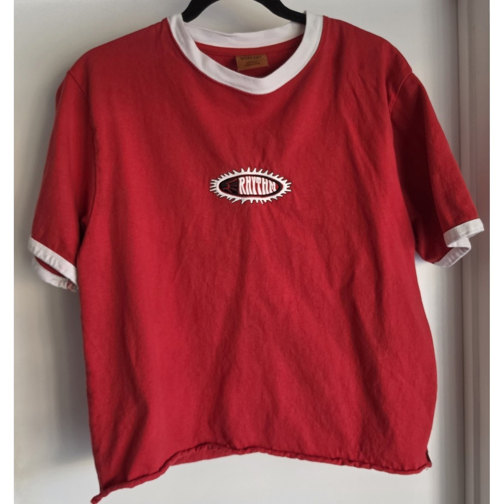 Rhythm T-Shirt S Red White Graphic Print Short Sleeve Cotton Retro Tee Cutoff